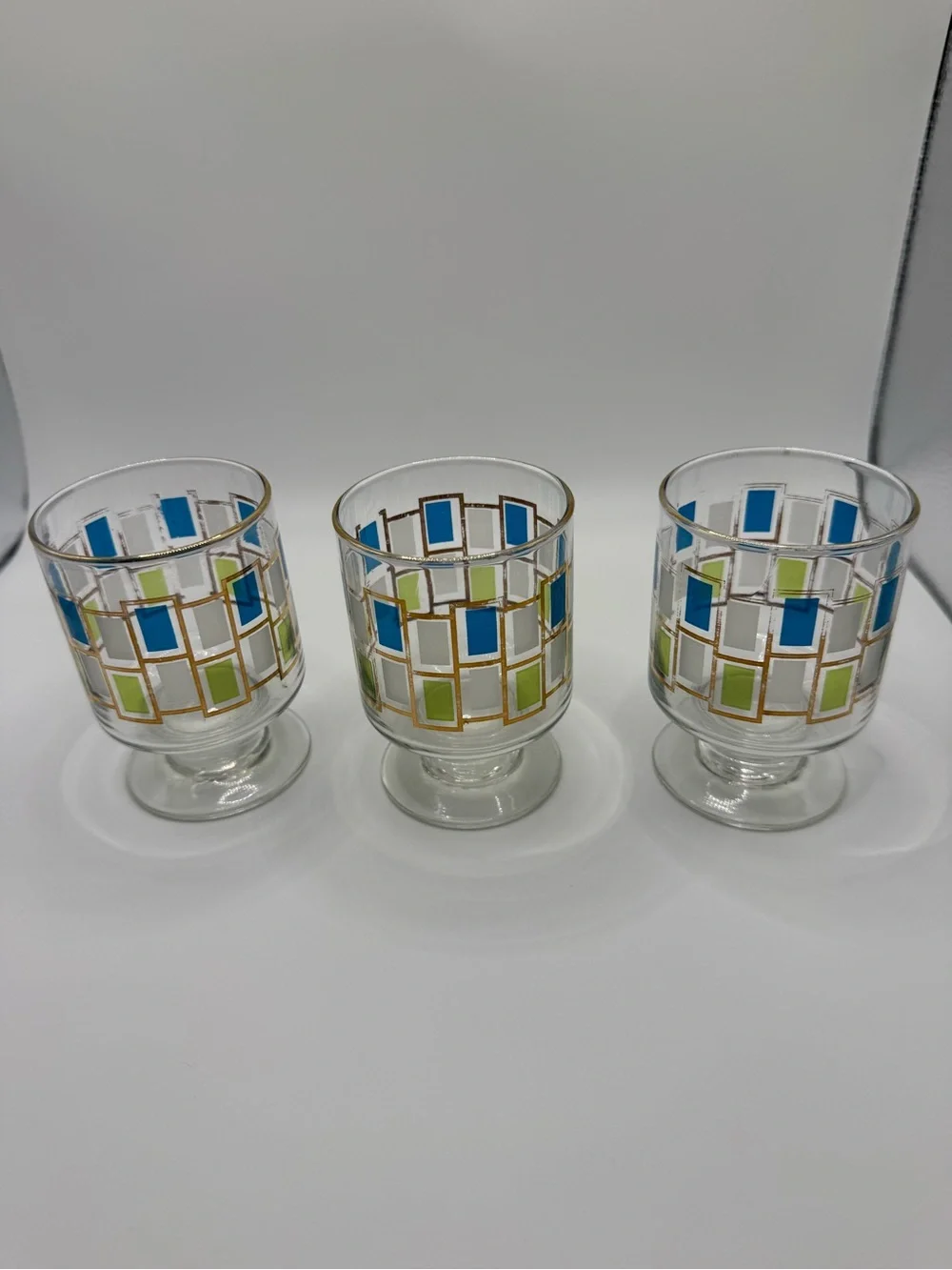 Vintage MCM  “Nordic” Green & Blue Gold Trimmed Footed Tumblers – Set Of 3